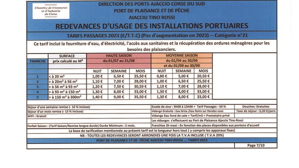 Tarifs Port de Plaisance et de Pêche Ajaccio Tino-Rossi 
